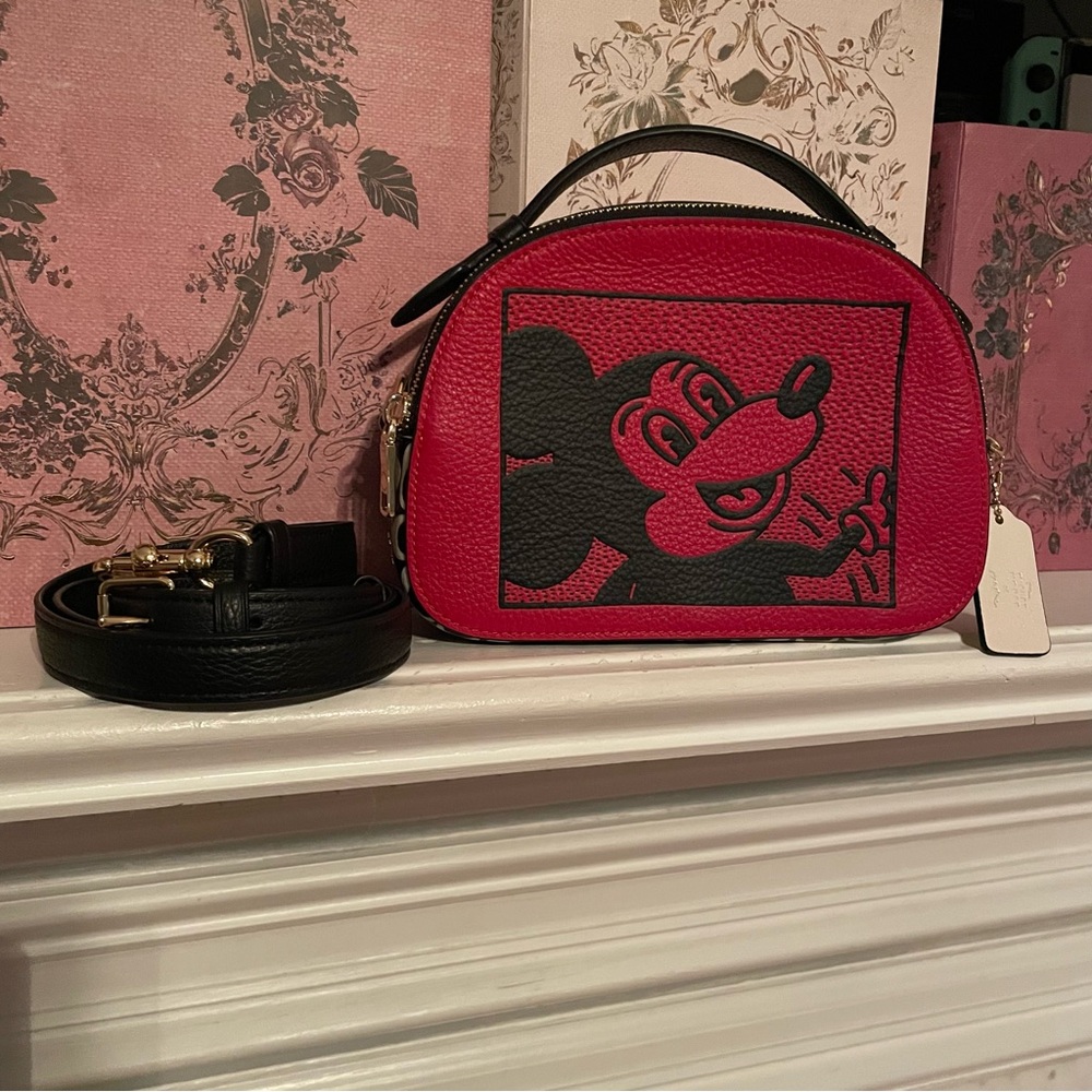 (SOLD) Mickey Mouse X Keith Haring Serena Pebble Leather Satchel Handbag l Coach